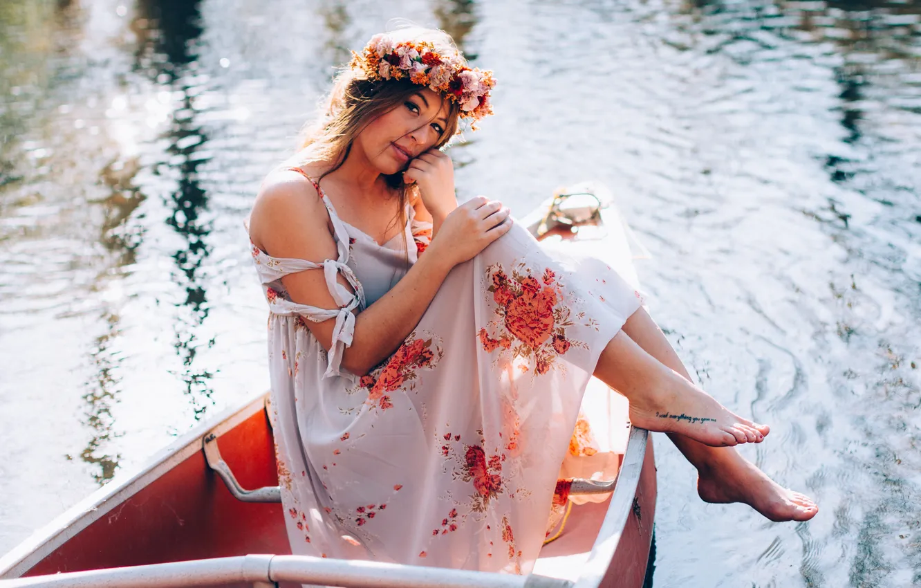 Photo wallpaper girl, boat, tattoo, tattoo, wreath