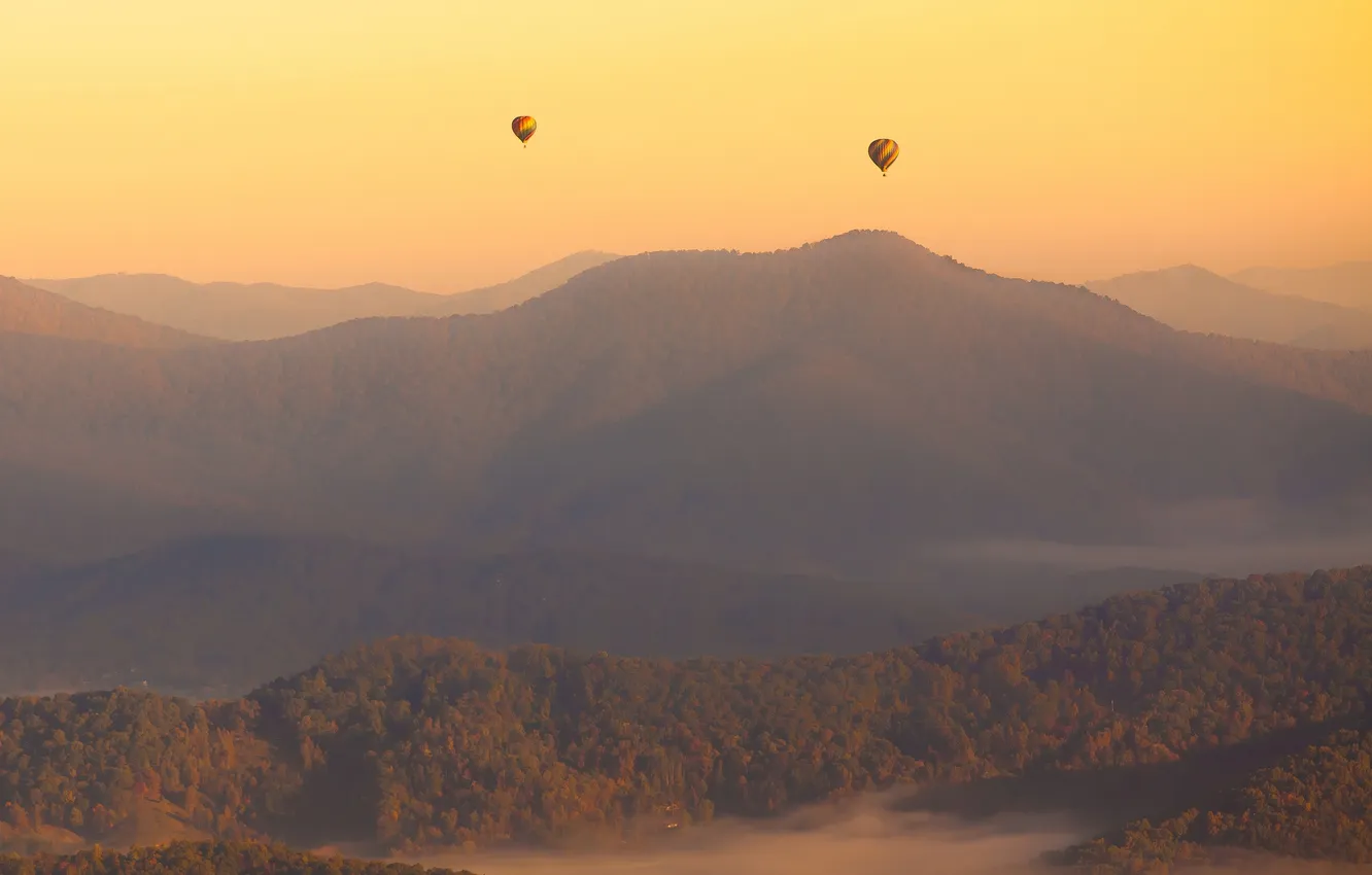 Photo wallpaper the sky, sunset, mountains, fog, hills, air