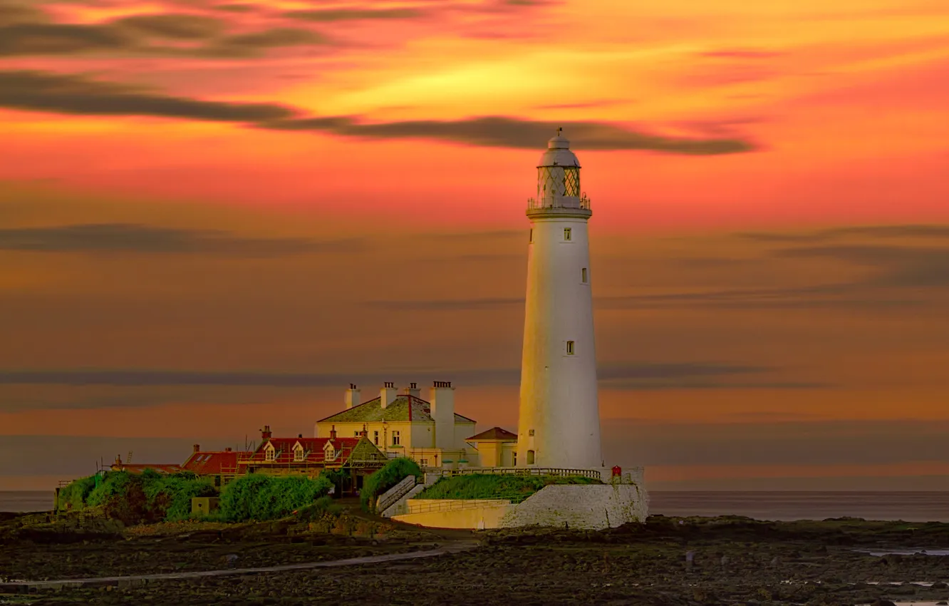 Photo wallpaper sea, the sky, clouds, sunset, lighthouse, home, tide