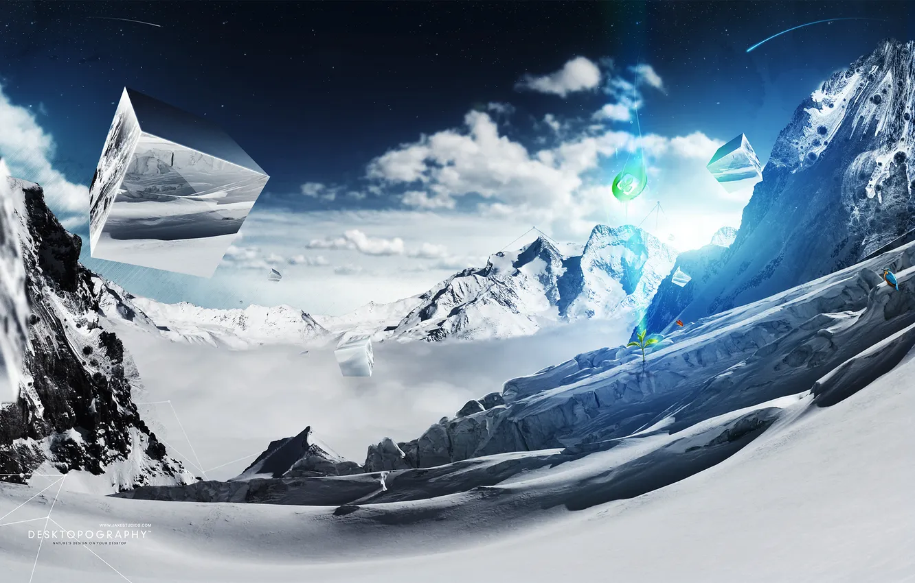 Photo wallpaper winter, clouds, mountains, cubes
