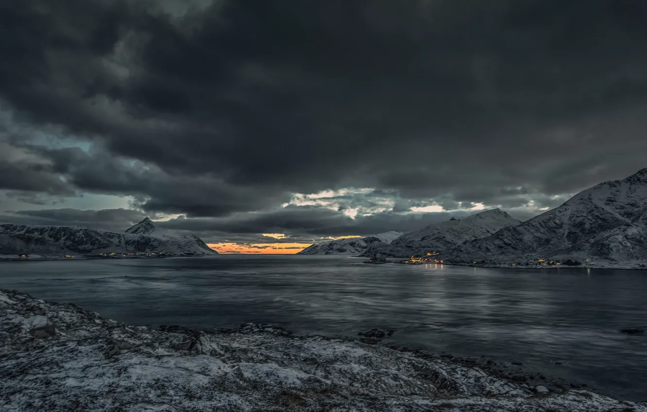 Photo wallpaper snow, mountains, clouds, beauty, space, bad weather, North, mountains