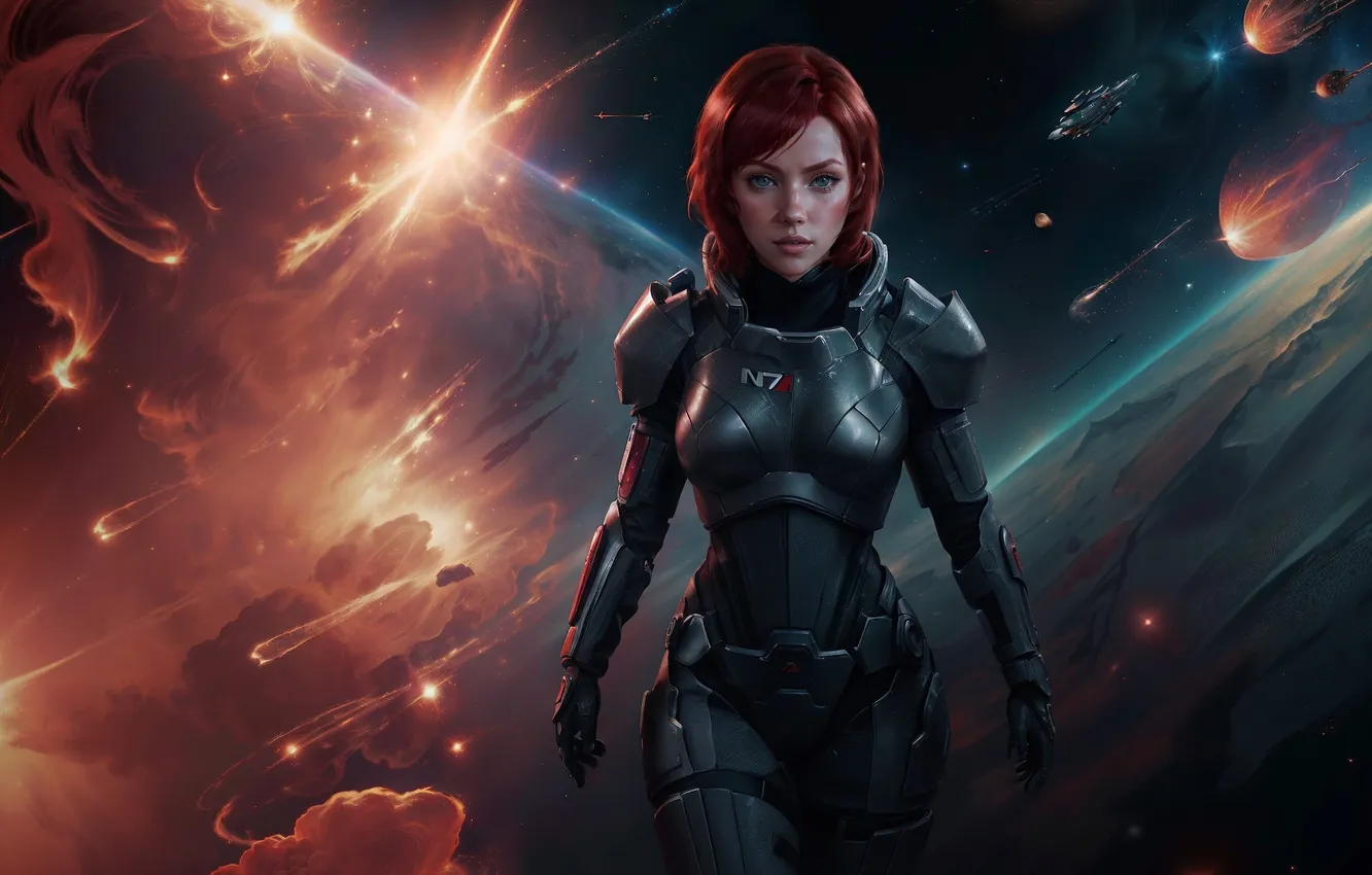 Photo wallpaper the suit, girl, armor, red, fiction, space