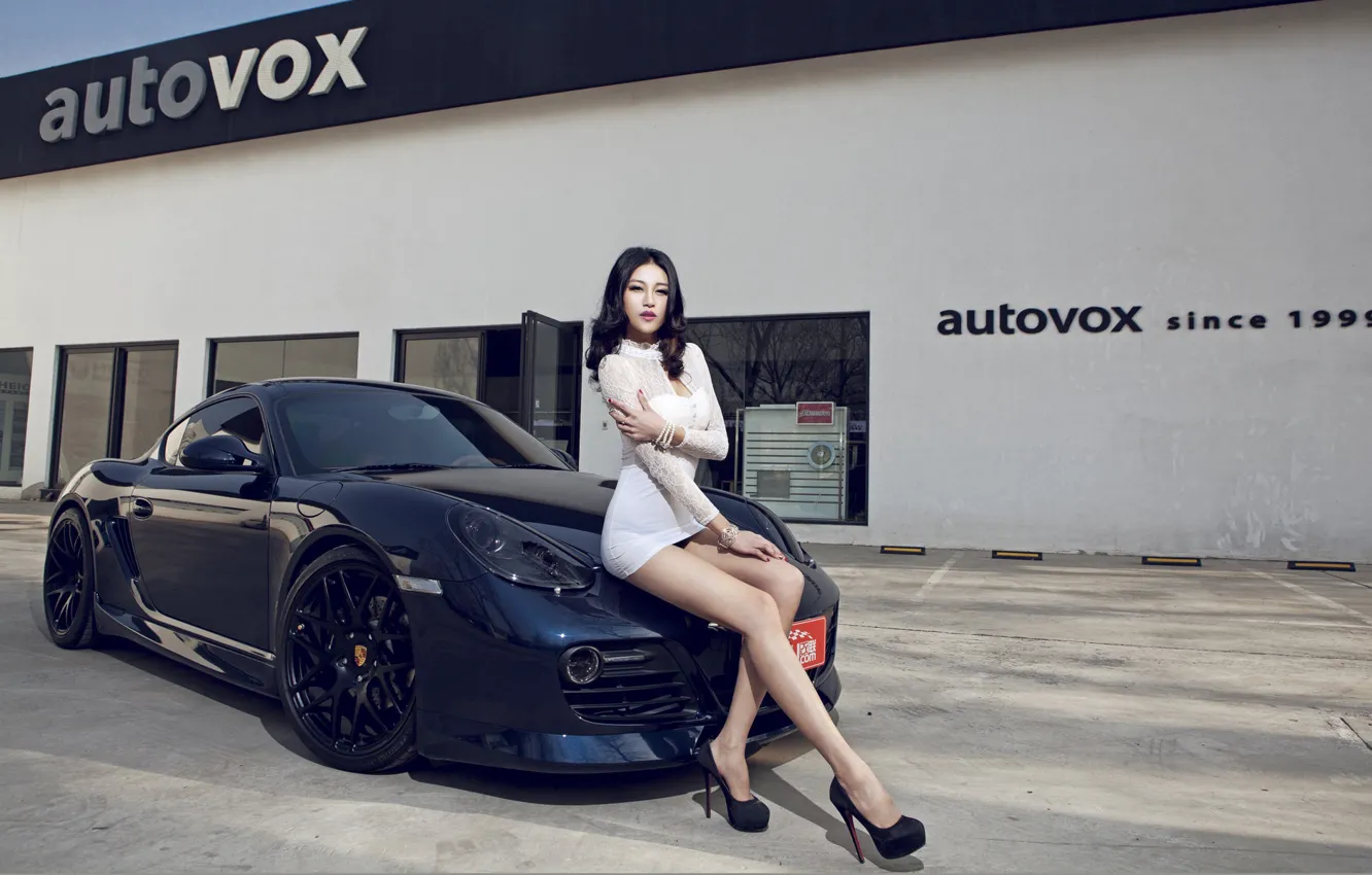 Photo wallpaper auto, look, Girls, Porsche, Asian, beautiful girl, posing on the hood