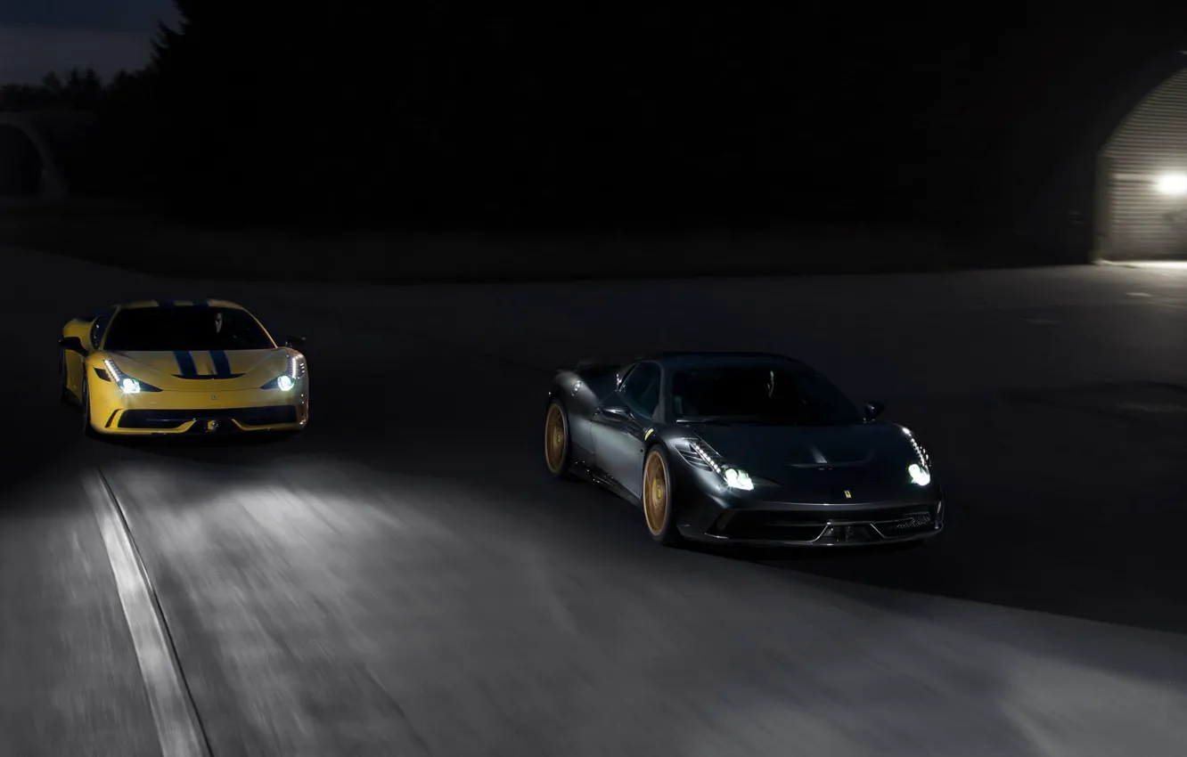 Photo wallpaper road, yellow, grey, ferrari, Ferrari, grey, yellow, headlights