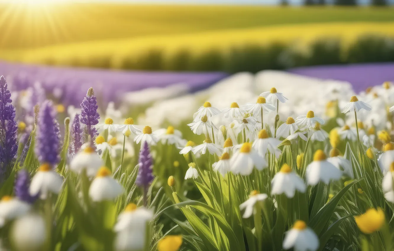 Photo wallpaper field, summer, flowers, chamomile, meadow, white, lilac, plantation