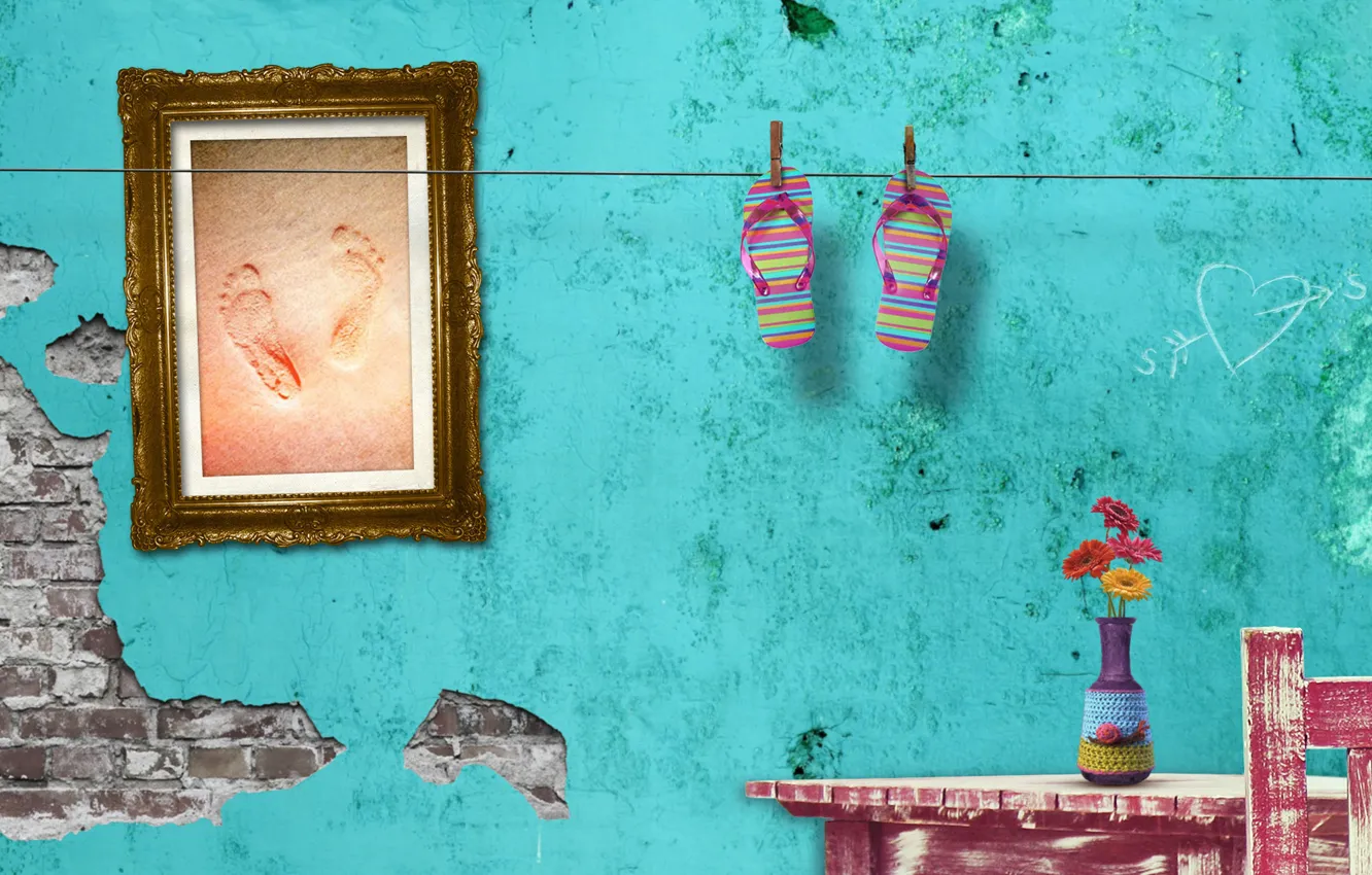 Photo wallpaper sand, summer, traces, wall, frame, picture, flowers, slates