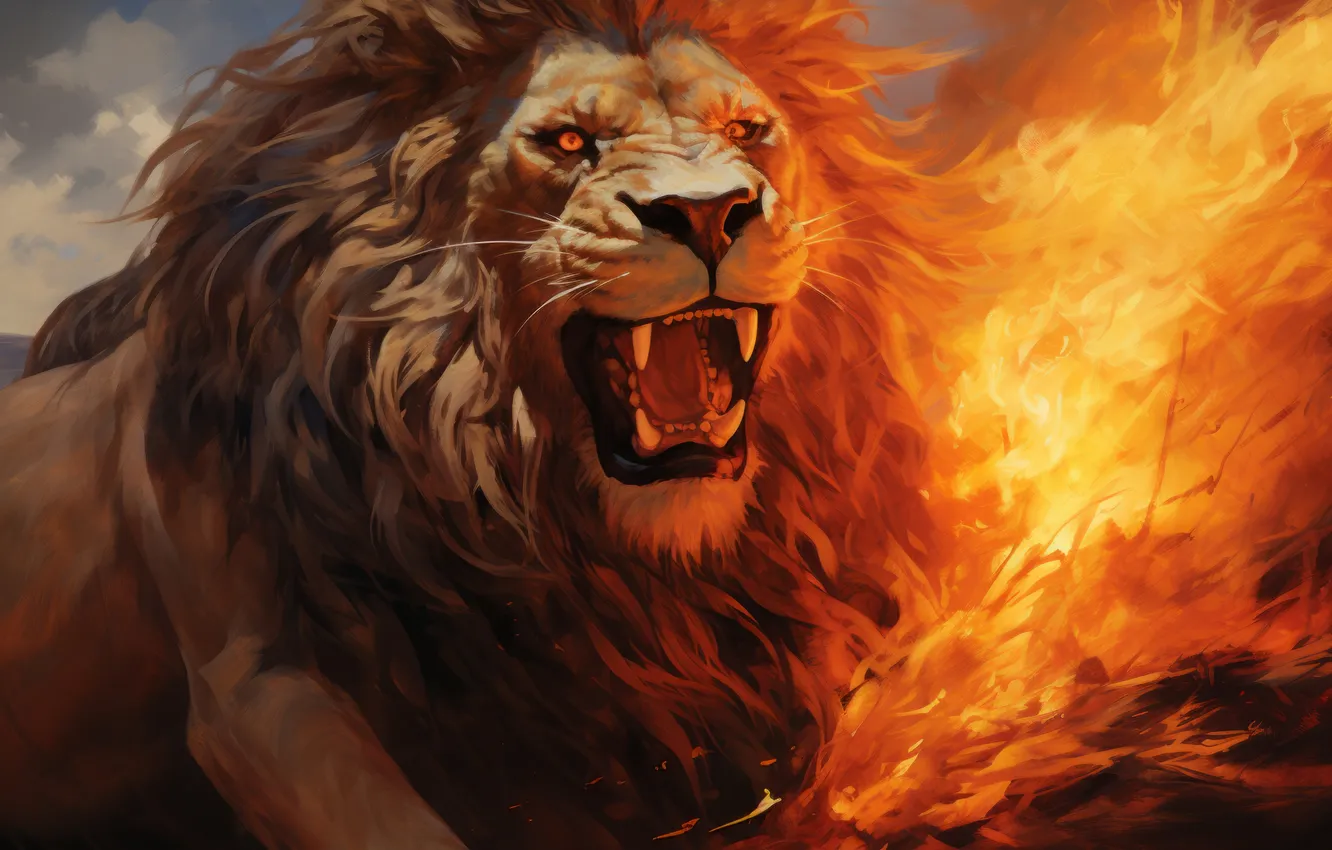 Photo wallpaper face, lights, predator, Leo, mane, fangs, grin, big cat