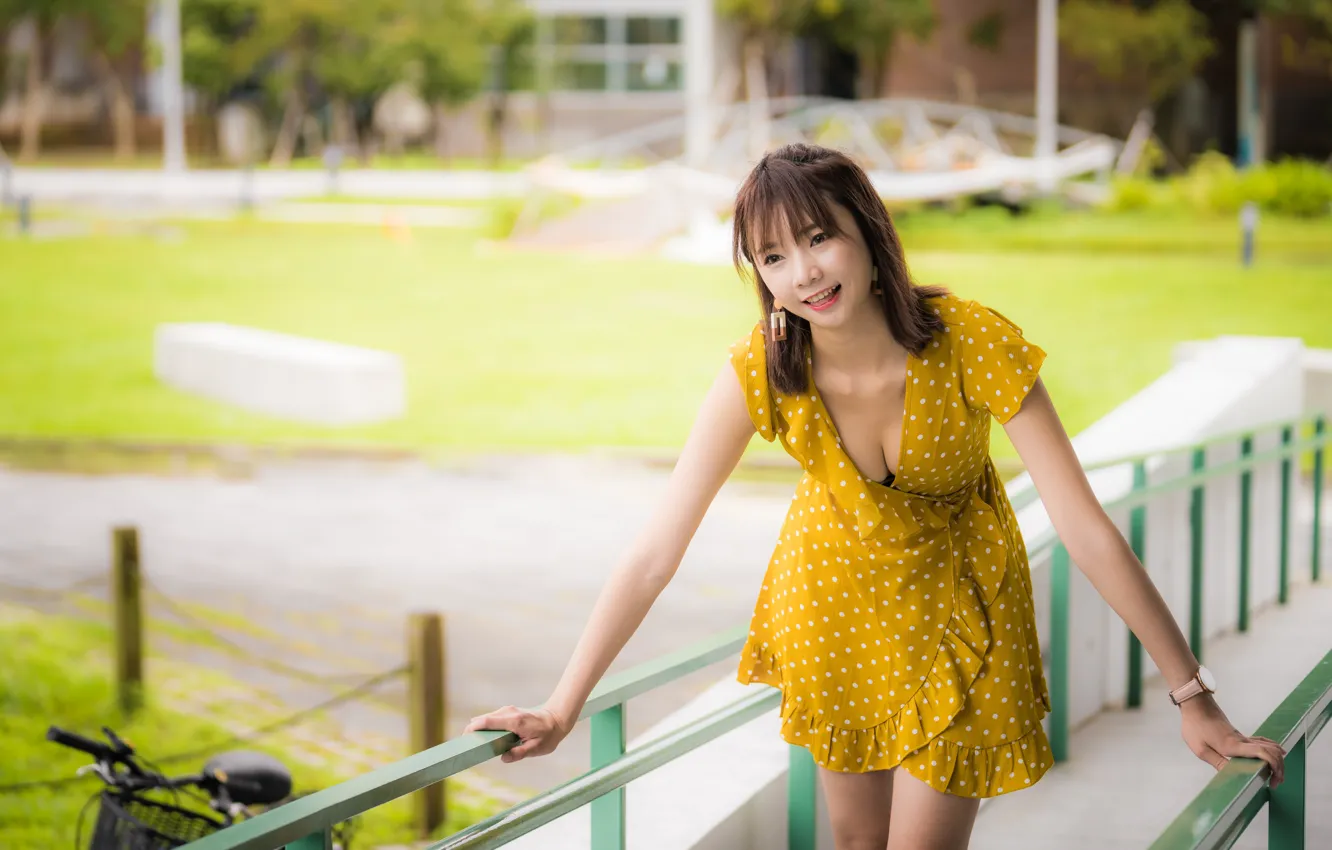 Photo wallpaper pose, dress, neckline, Asian, cutie, bokeh
