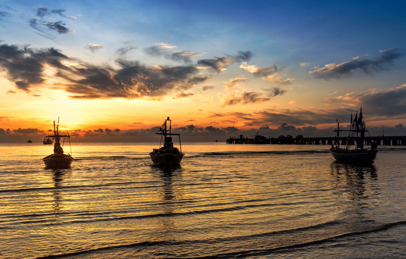 Photo wallpaper sea, landscape, sunset, boats