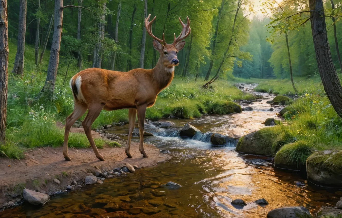 Photo wallpaper forest, nature, deer, stream