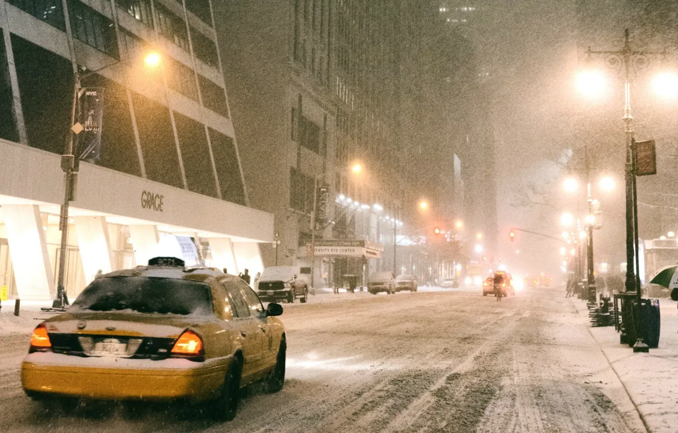 Photo wallpaper winter, snow, city, taxi, America, new York, USA, snow