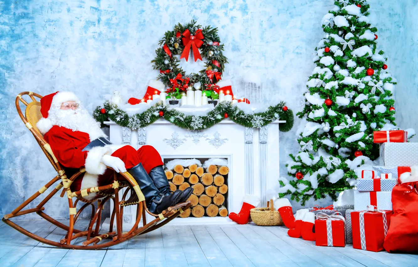 Photo wallpaper Chair, New Year, Tree, fireplace, garland, Santa Claus, Holidays, Gifts