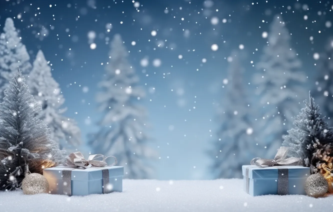 Photo wallpaper winter, snow, snowflakes, nature, gift, new year, Christmas, bow