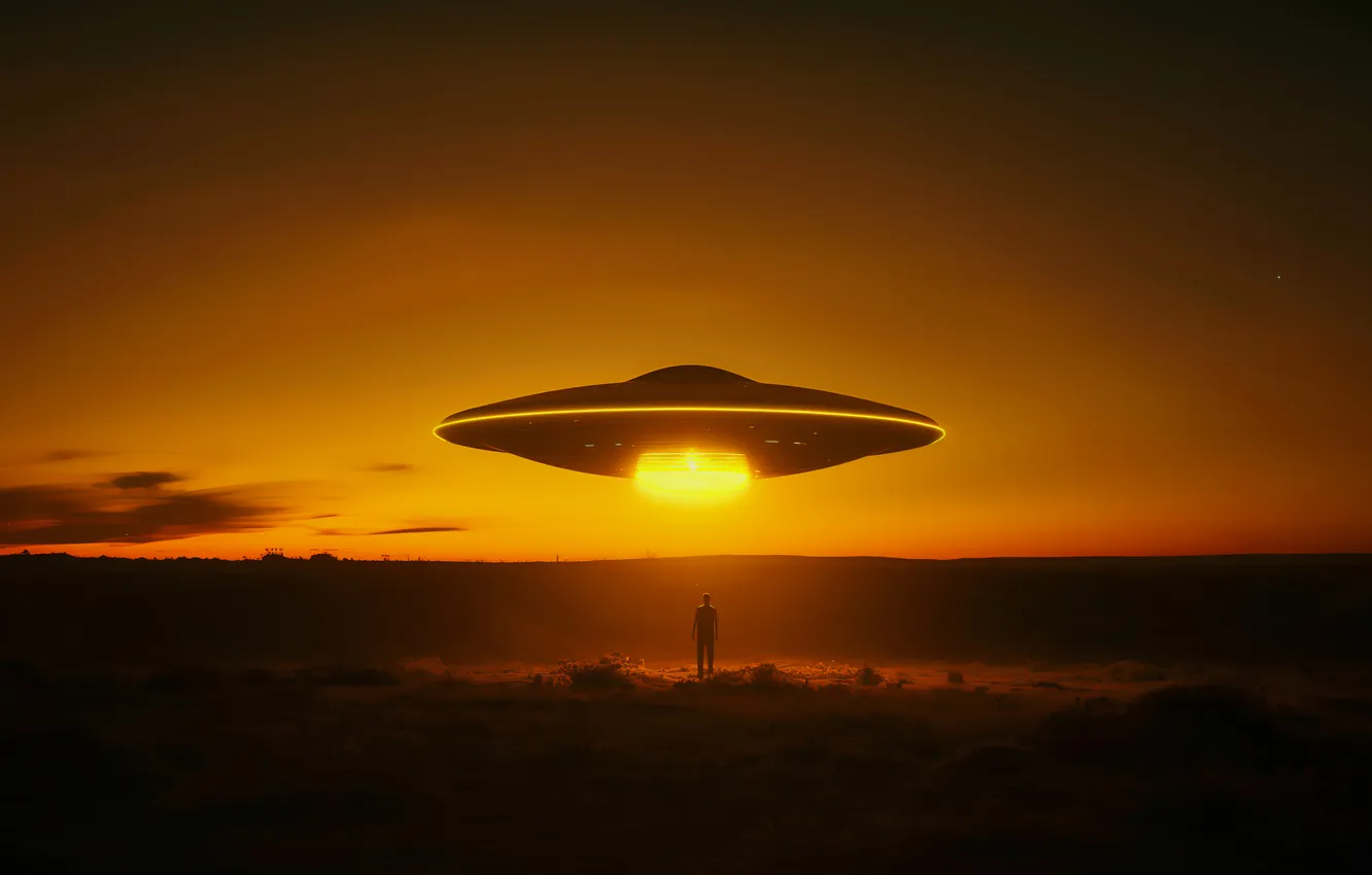 Photo wallpaper sunset, night, people, UFO, AI Art