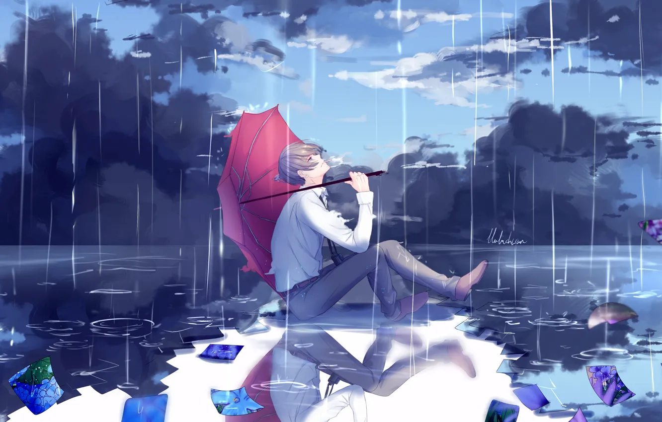 Photo wallpaper nature, rain, umbrella, anime, art, guy, lluluchwan