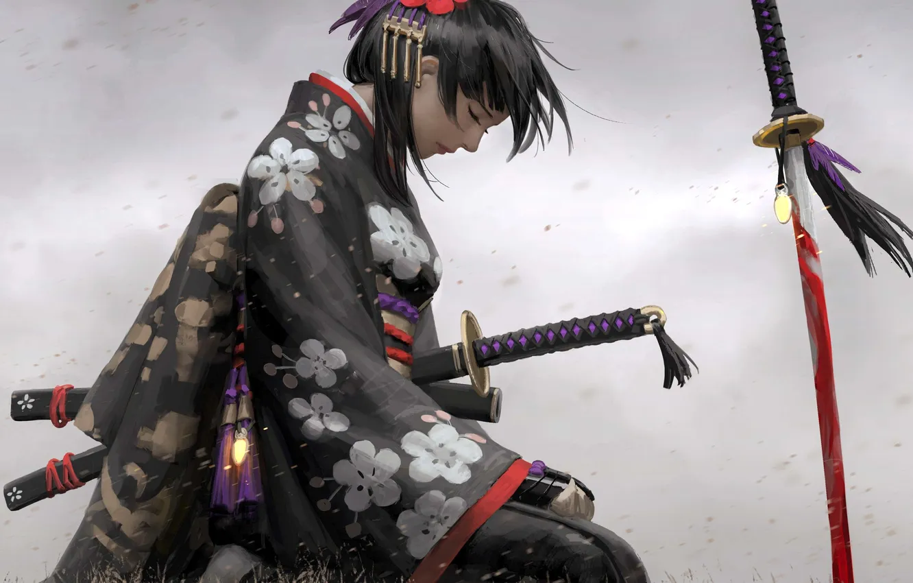Photo wallpaper girl, sword, fantasy, weapon, katana, brunette, digital art, artwork