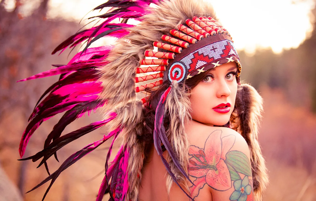 Photo wallpaper look, girl, face, style, portrait, feathers, makeup, tattoo