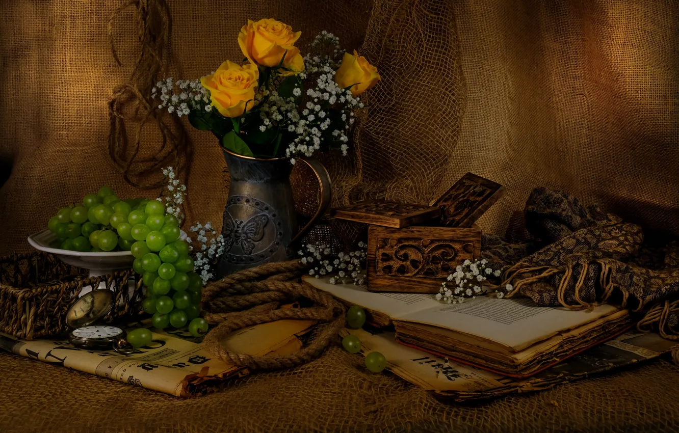 Photo wallpaper vase, network, items, flowers, bouquet, roses, book, still life