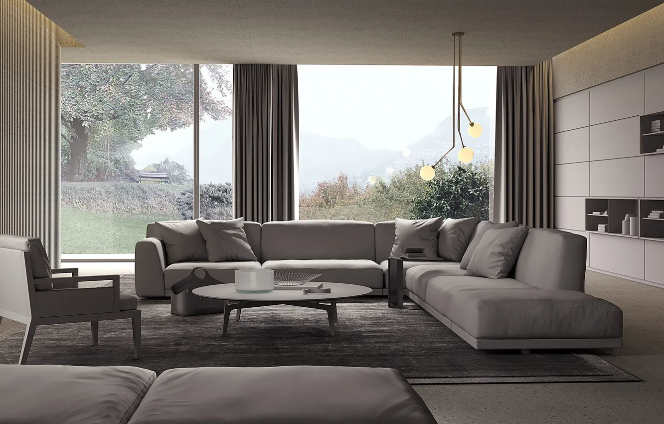 Photo wallpaper design, style, Villa, pastel colors, luxury living room, luxury upholstered furniture