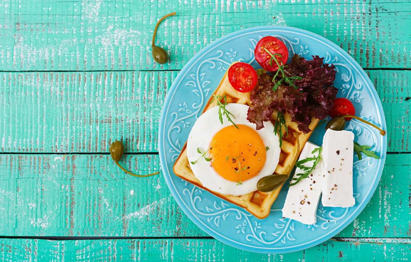 Photo wallpaper Breakfast, cheese, plate, scrambled eggs, tomatoes, wood, eggs, breakfast