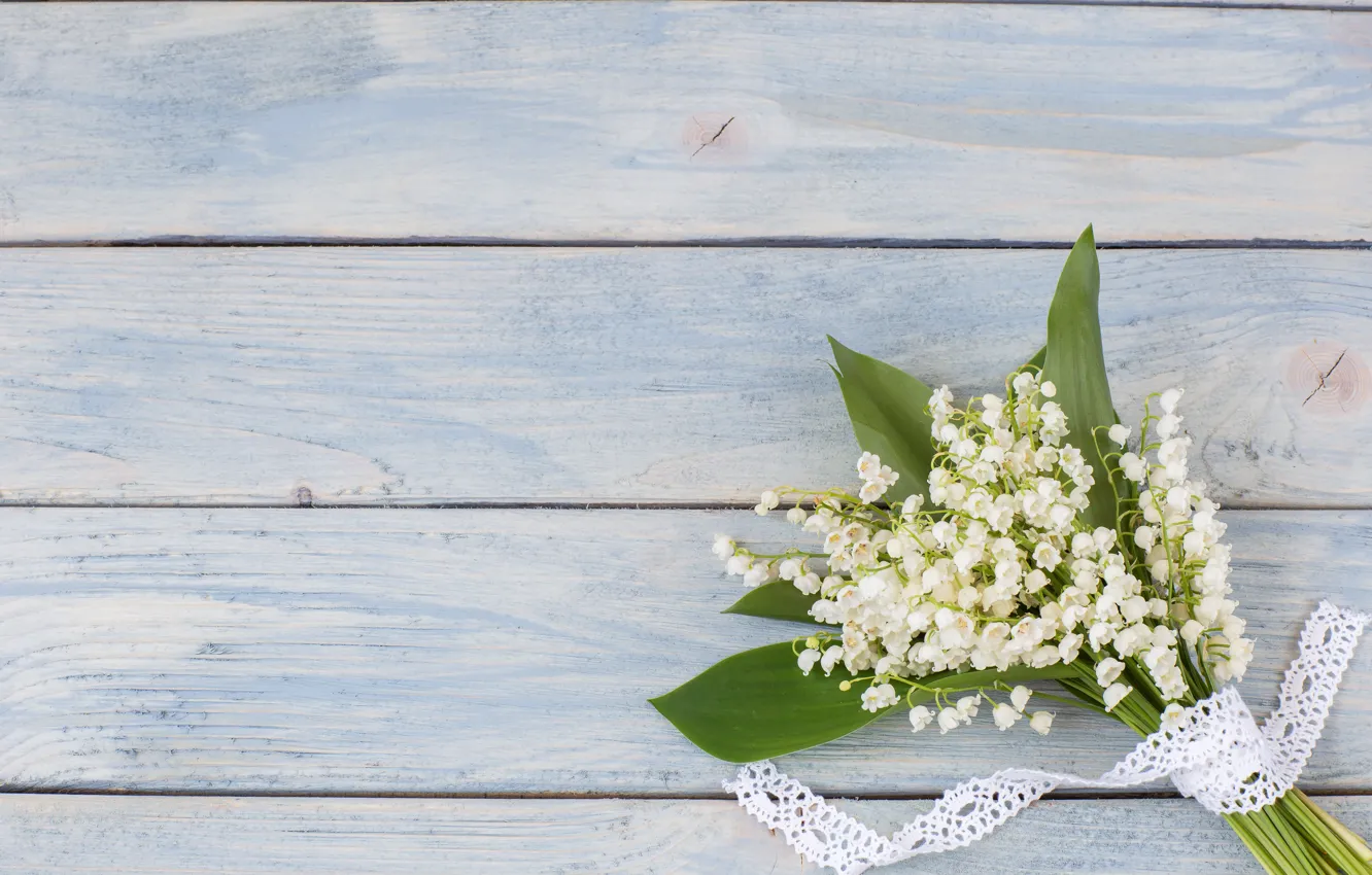 Photo wallpaper flowers, bouquet, spring, white, lilies of the valley, wood, flowers, spring