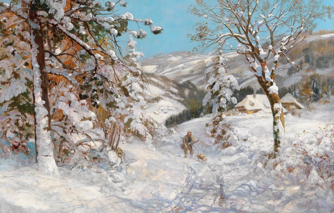 Photo wallpaper Alois Arnegger, Austrian painter, Austrian painter, oil on canvas, Alois Arnegger, Hunter in a winter …