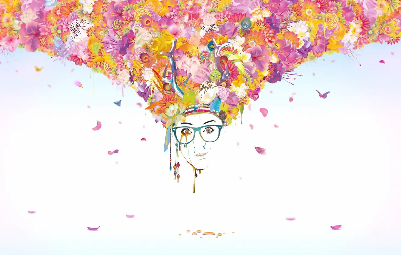 Photo wallpaper butterfly, flowers, face, style, paint, petals, glasses, style