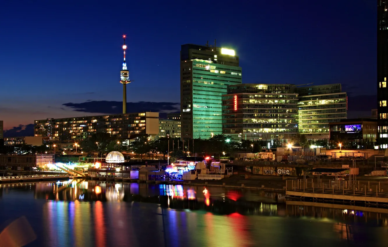 Photo wallpaper night, lights, river, building, Austria, lights, Vienna, Vienna