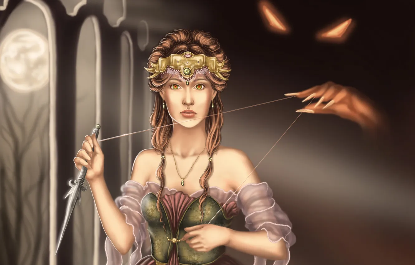 Photo wallpaper eyes, look, girl, decoration, weapons, management, hands, dress