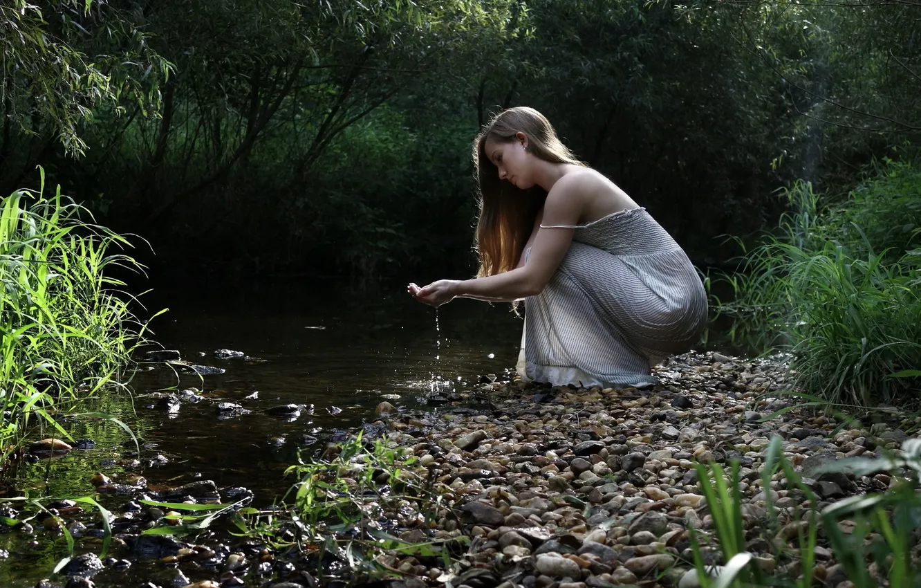 Photo wallpaper girl, river, mood