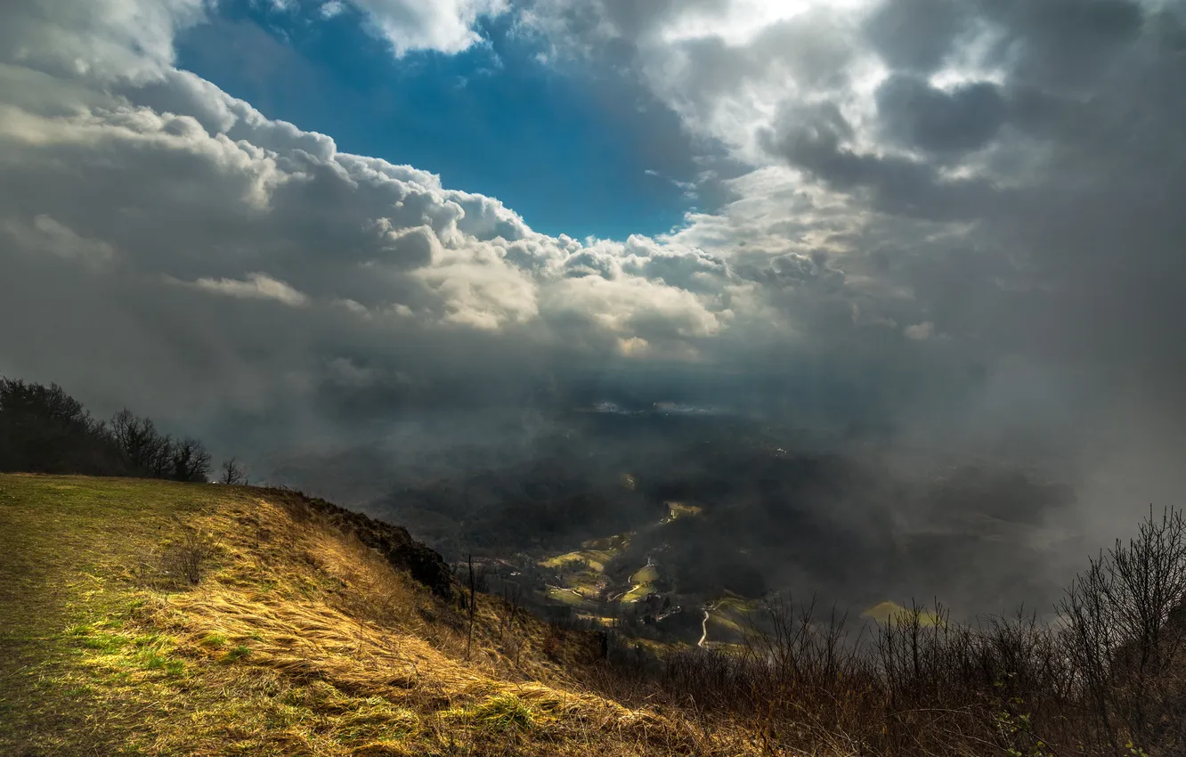 Photo wallpaper the sky, clouds, fog, mountain, valley, the view from the top