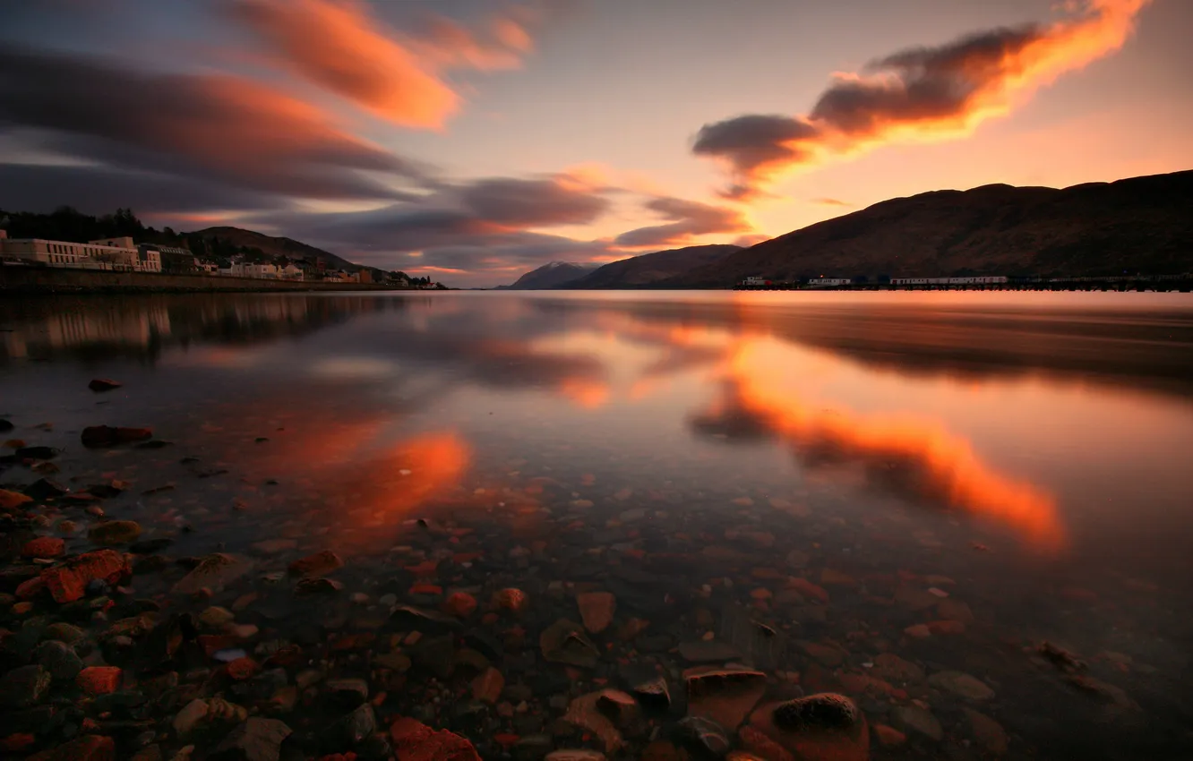 Photo wallpaper sunset, mountains, the city, lake, reflection