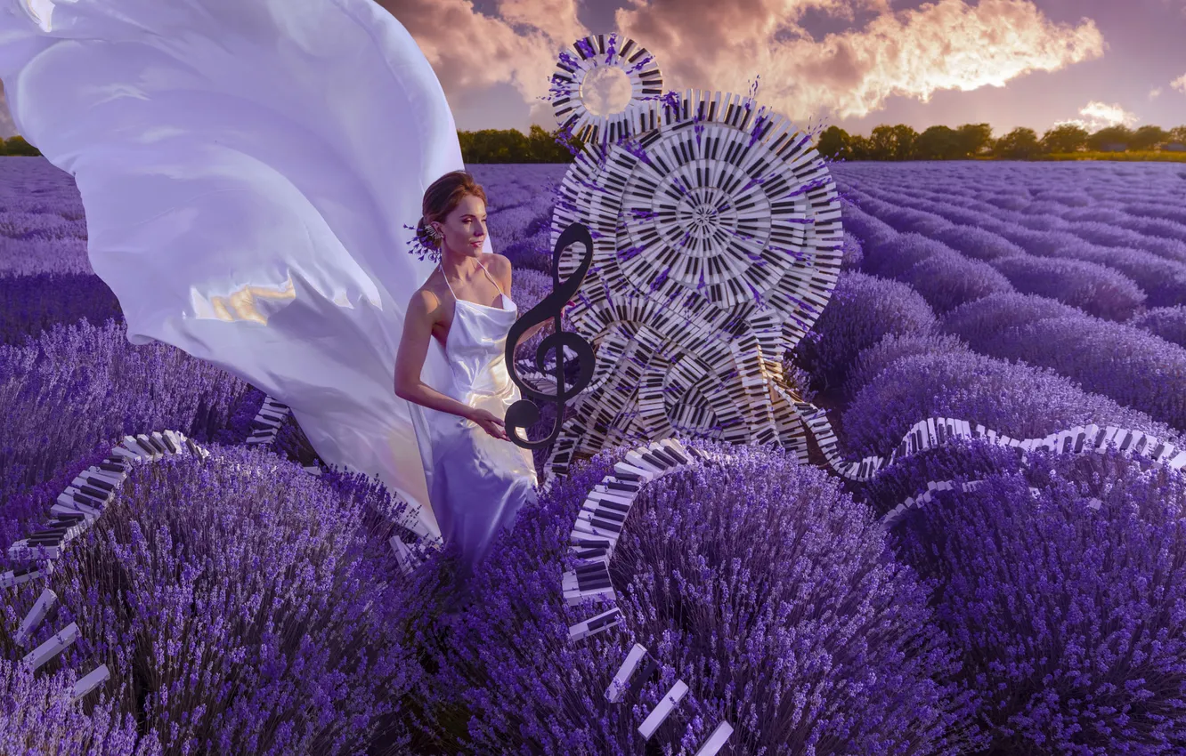 Photo wallpaper summer, girl, nature, style, music, keys, white dress, lavender