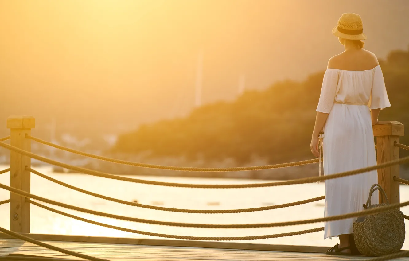 Photo wallpaper summer, girl, light, bridge, fog, river, mood, white