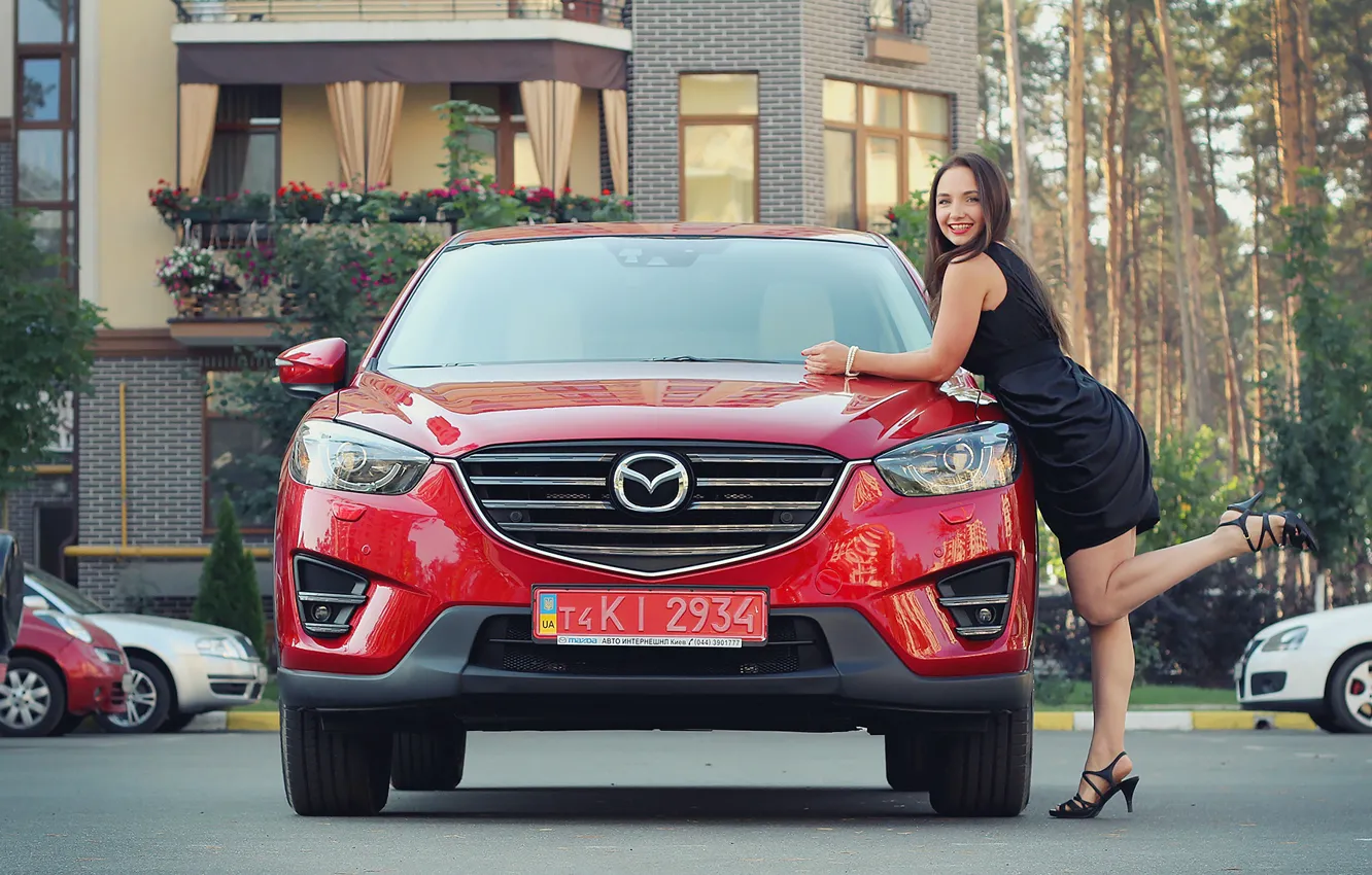 Photo wallpaper look, smile, Girls, Mazda, beautiful girl, red car, posing on the car