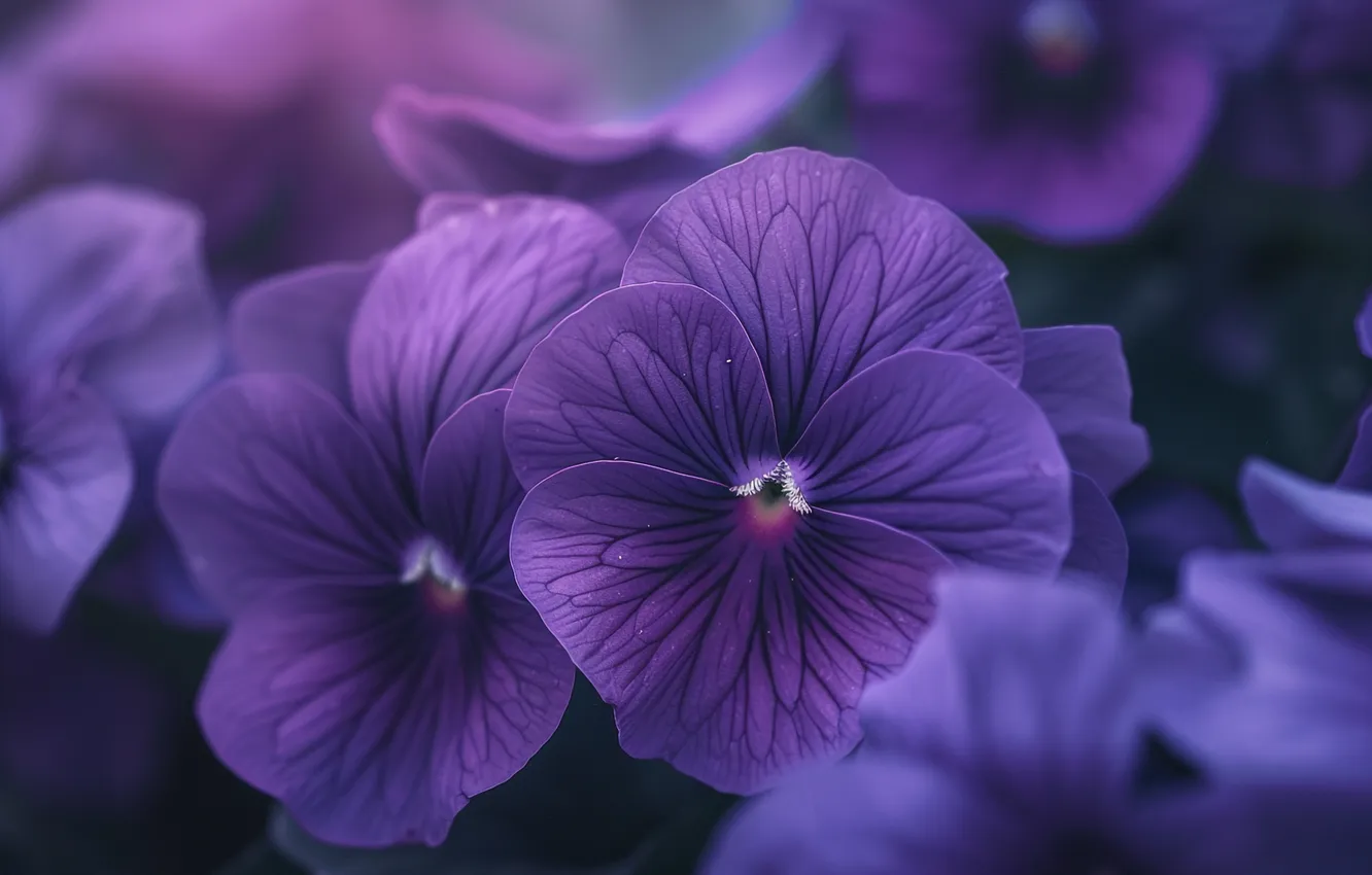 Photo wallpaper purple, macro, flowers, the dark background, petals, Pansy, bokeh, viola