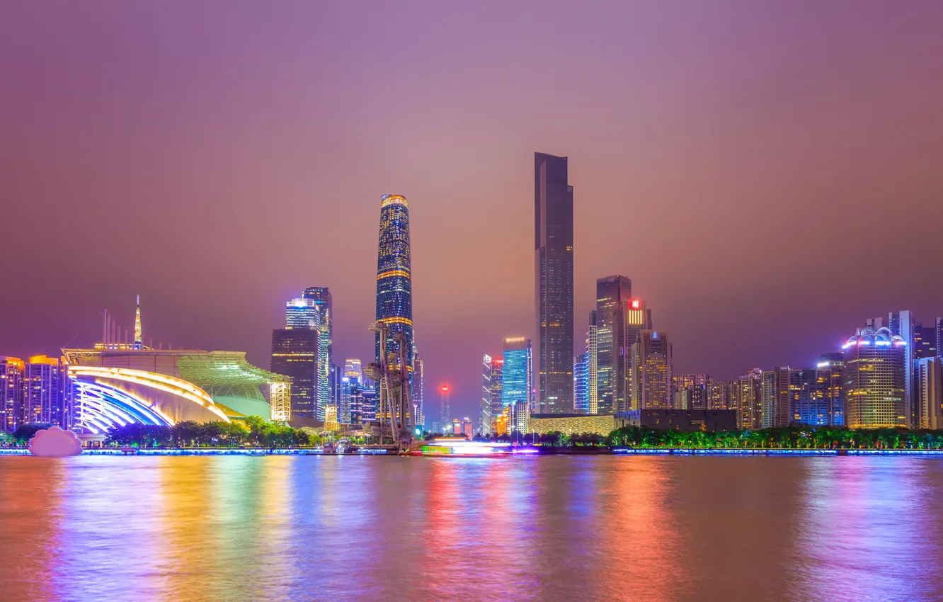 Photo wallpaper the city, river, night lights, China, the urban landscape