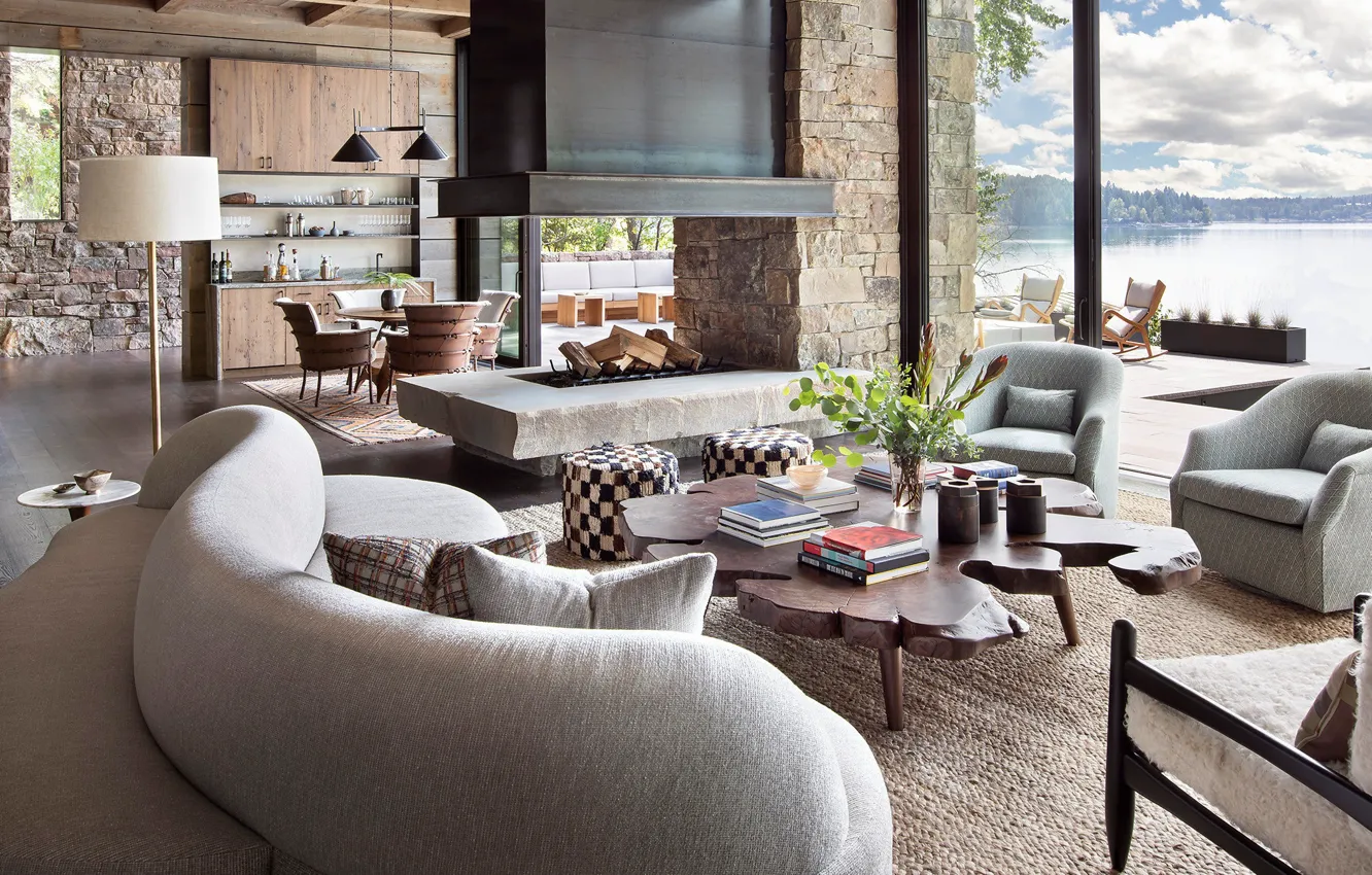 Photo wallpaper Villa, interior, fireplace, living room, dining room, by Bear Mountain Builders, LakeStone house