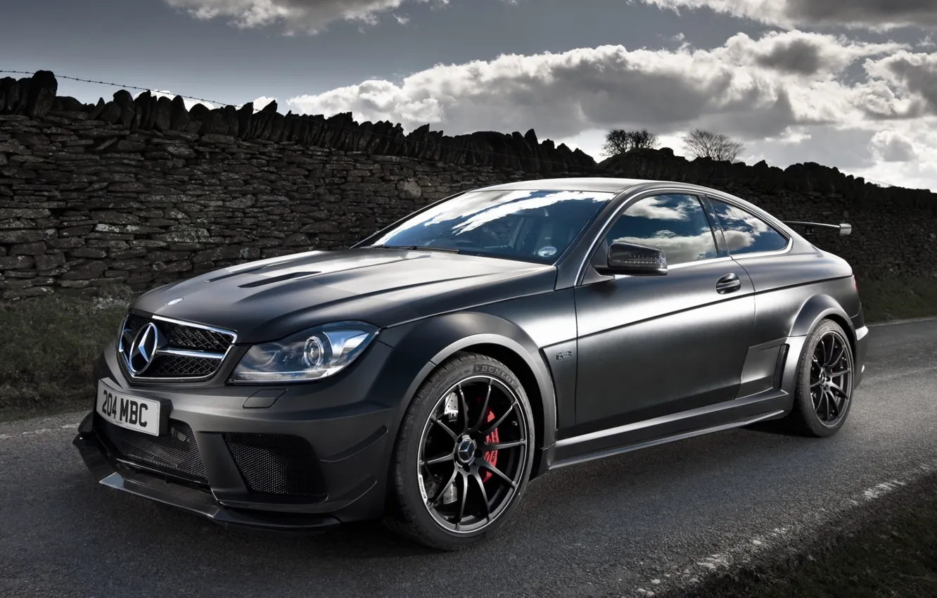 Photo wallpaper road, the sky, black, coupe, Mercedes-Benz, Mercedes, AMG, Coupe