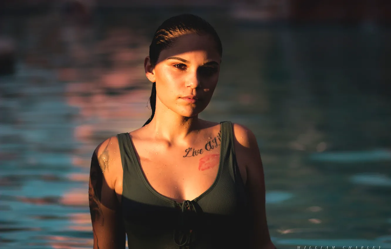 Photo wallpaper swimsuit, the sun, sexy, model, portrait, wet, makeup, brunette