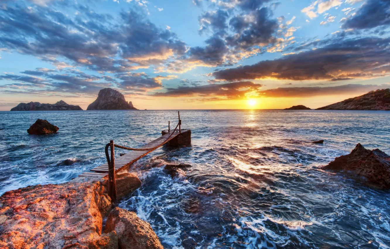 Photo wallpaper sea, the sun, clouds, rocks, dawn, coast