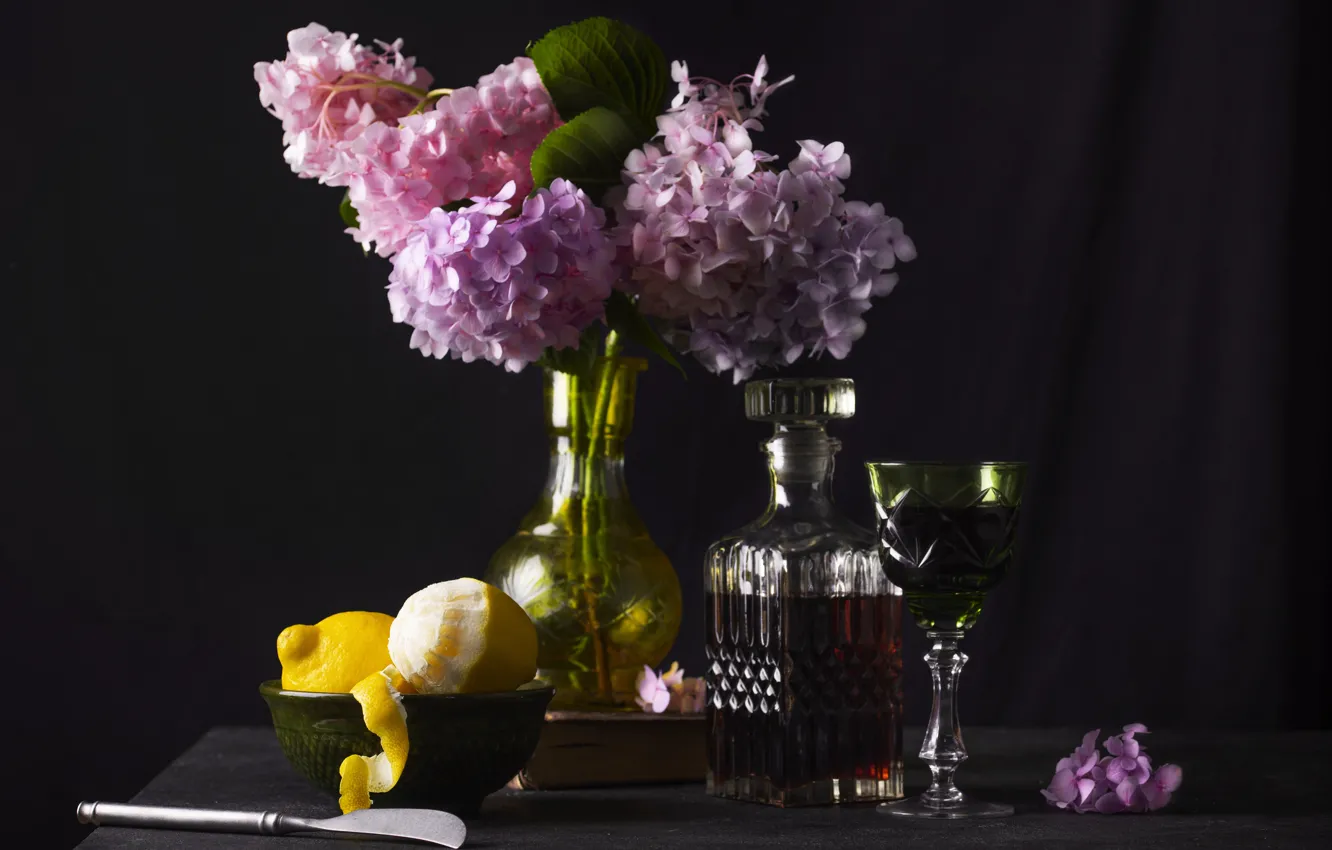Photo wallpaper flowers, the dark background, table, wine, lemon, glass, bottle, bouquet