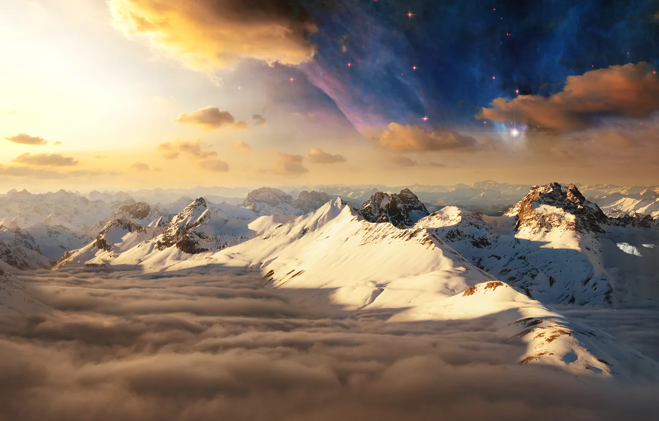 Photo wallpaper the sky, the sun, clouds, snow, mountains, tops