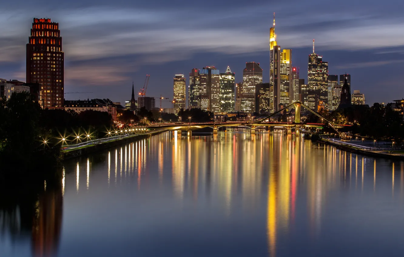 Photo wallpaper night, bridge, lights, home, Germany, Frankfurt am main