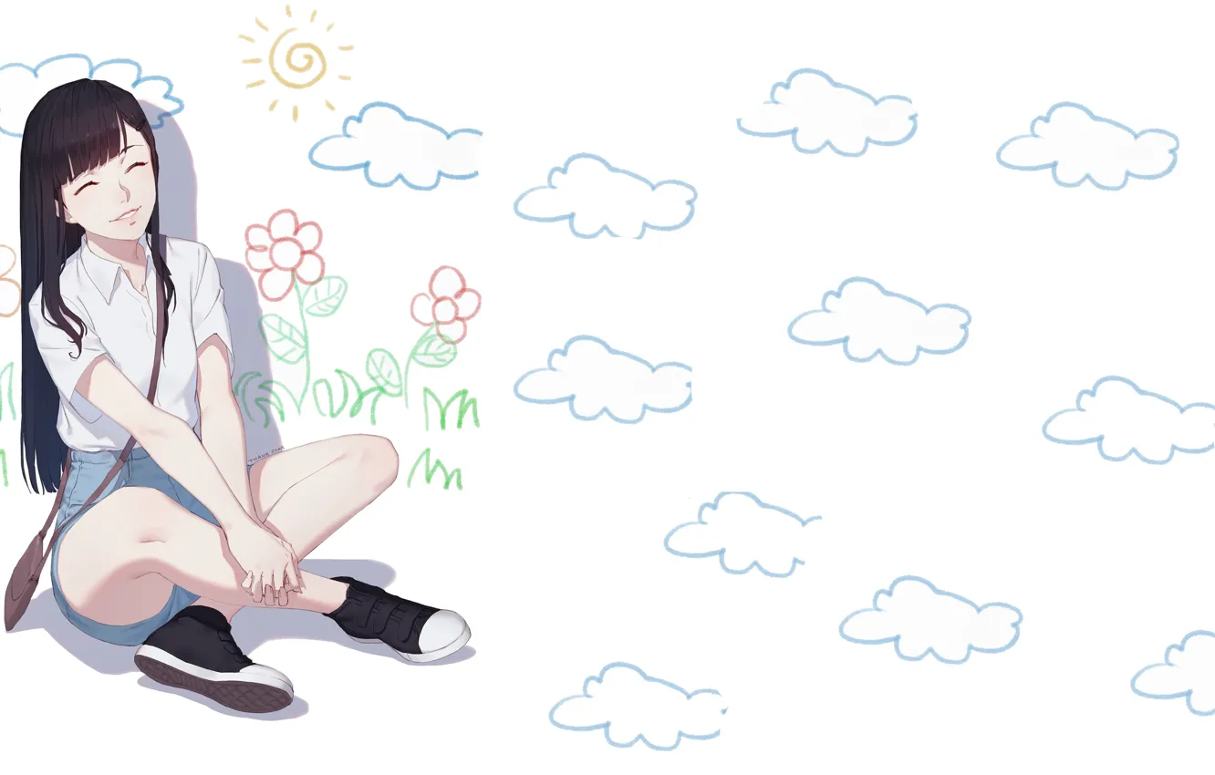 Photo wallpaper flower, girl, clouds, sitting