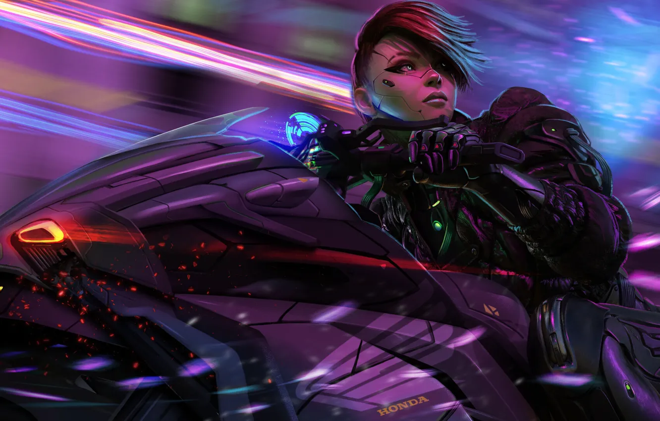 Photo wallpaper girl, fiction, girl, bike, fantasy, Honda, cyborg, bike