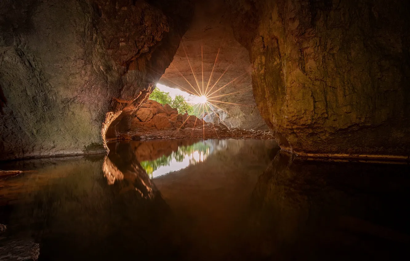 Photo wallpaper water, the sun, rays, nature, rocks, cave, Petkov Petko
