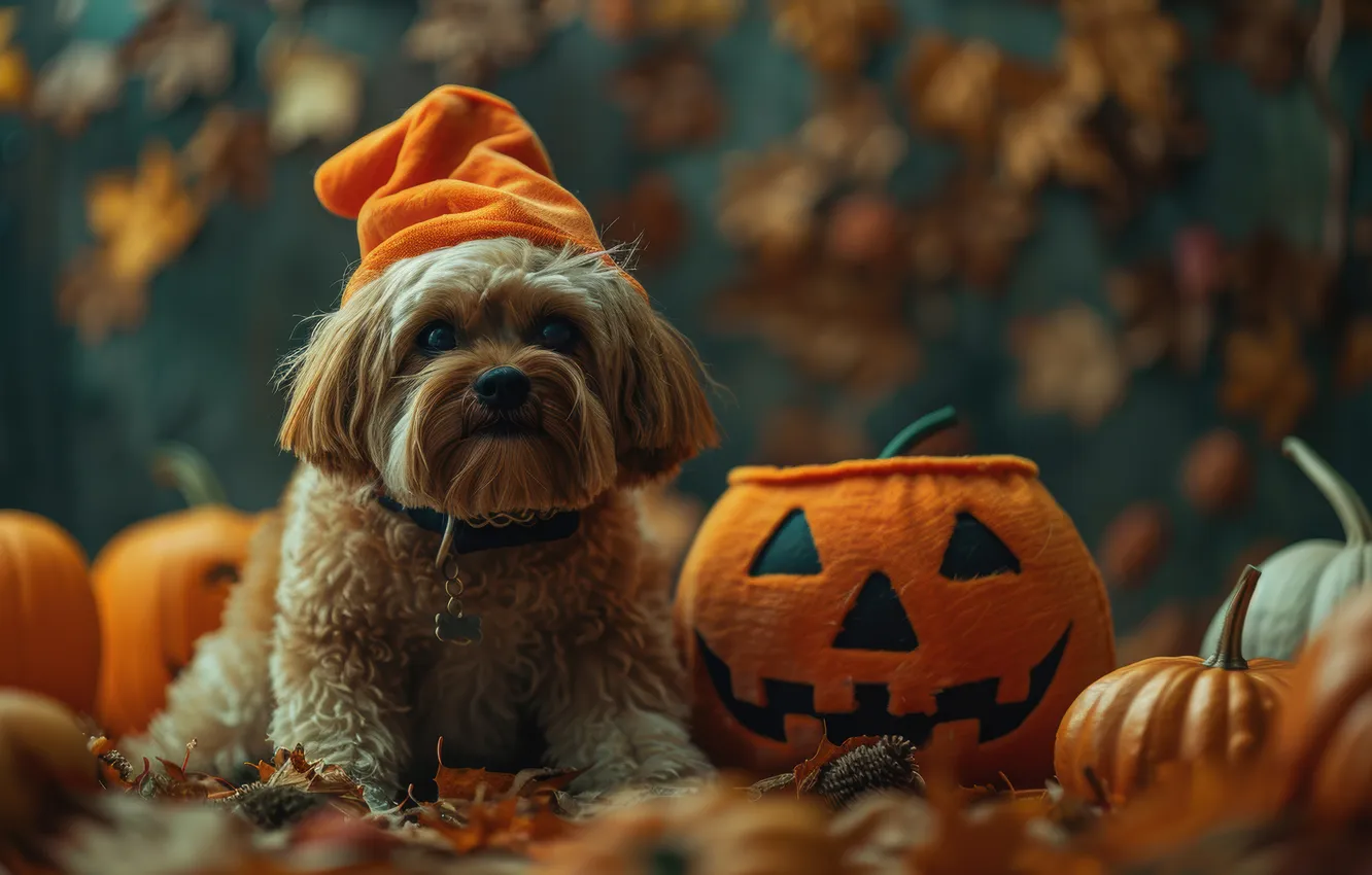 Photo wallpaper Halloween, neural network, pose, look, dog, holiday, AI art, outfit