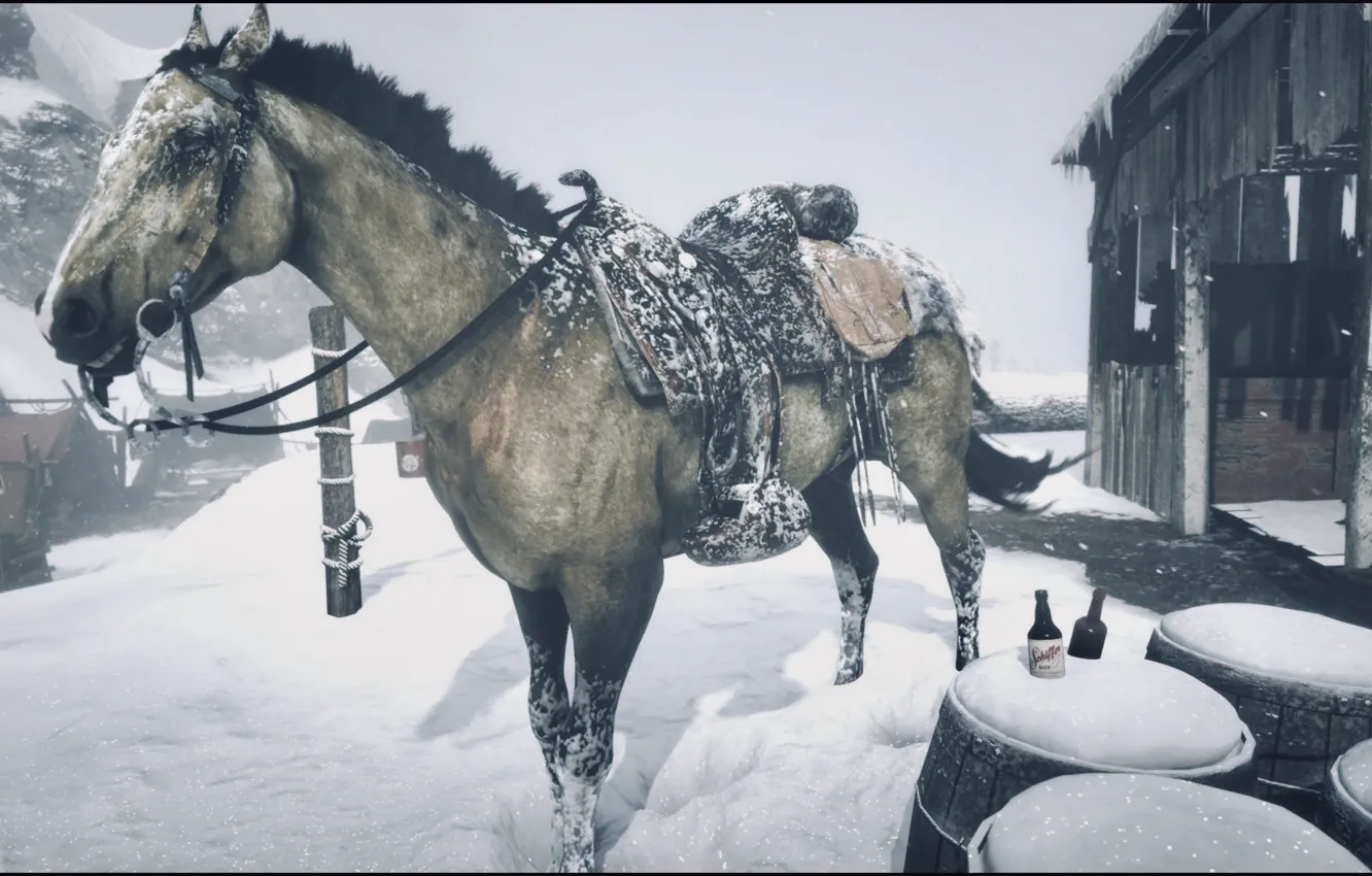 Photo wallpaper HDR, game, winter, snow, horse, cold, UHD, 4k