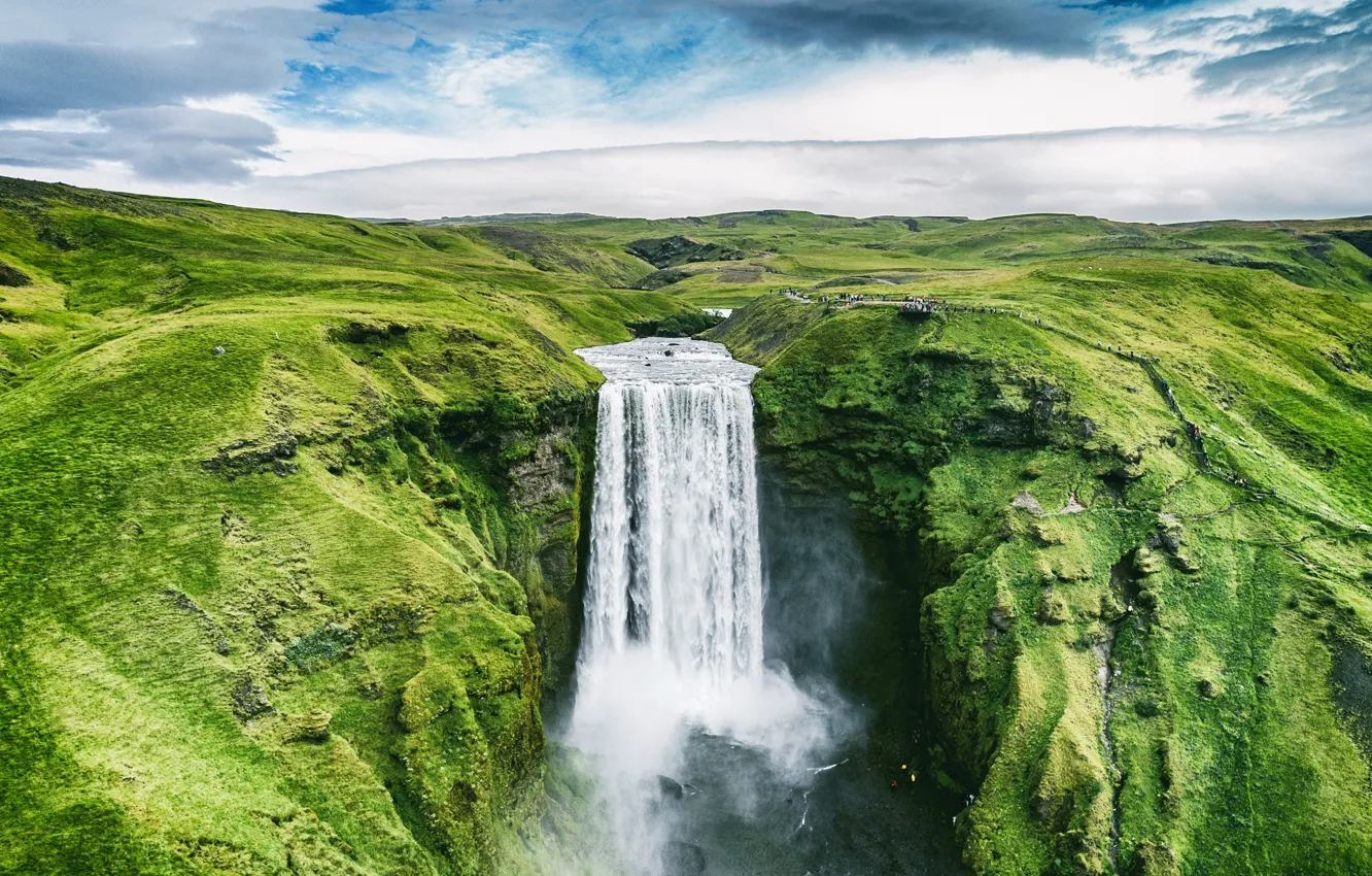 Photo wallpaper Iceland, Iceland, Green grass, Green Grass, Skogafoss Waterfall, Skogafoss Waterfall